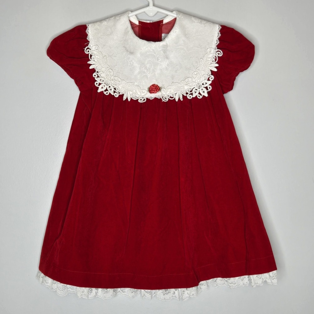 Vintage Brooke Lindsay Red Velvet Dress Toddler 2T Christmas Lace Collar Holiday